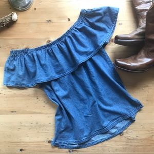 2/$30 Cavalini Denim Collection M off the shoulder blouse chambray denim ruffle
